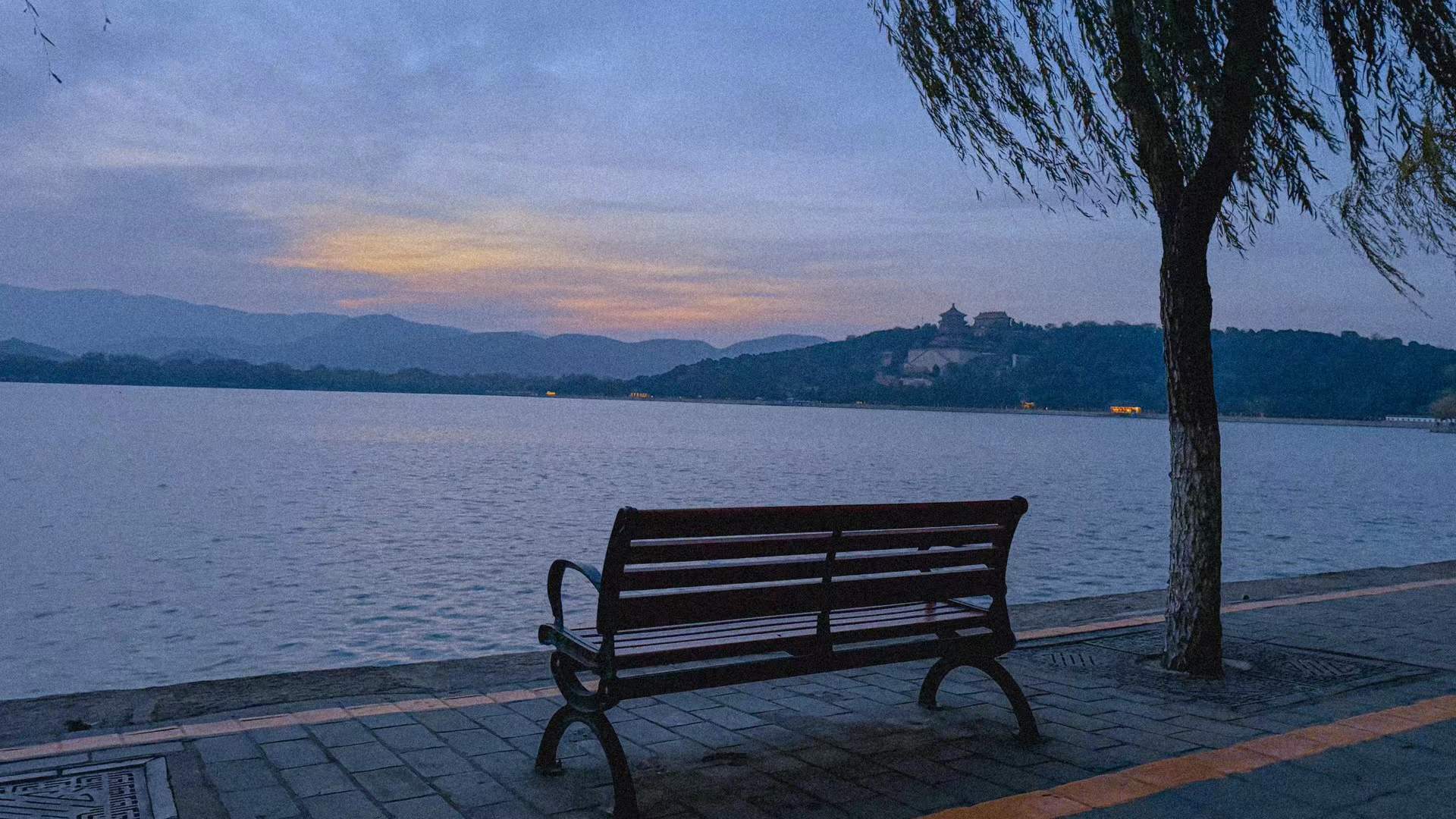 An empty bench facing a lake at dusk