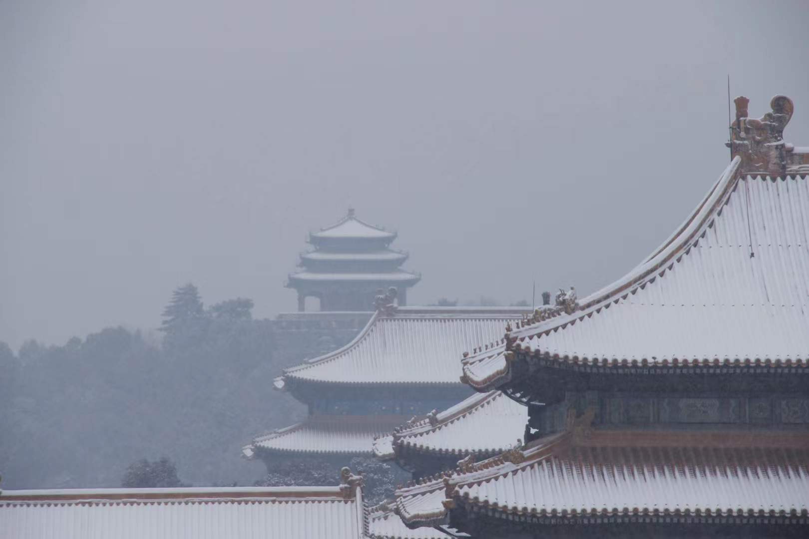 Layered palace roofs receding through snowfall